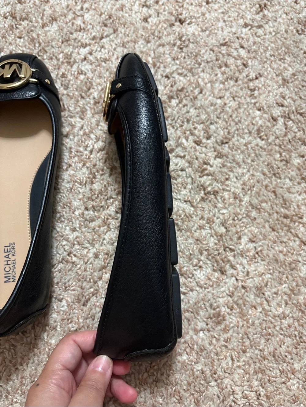 MICHAEL Michael Kors Black Leather Logo Ballet Flats with Gold MK Emblem